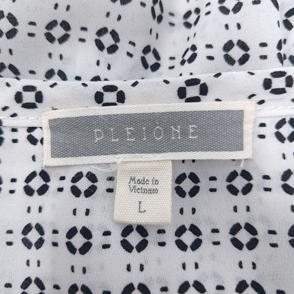 Pleione Split Neck Blouse L White Black Geometric Henley Long Sleeve WQZ59331 - Picture 3 of 6